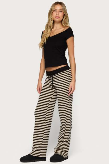 Helene Straight Leg Waffle Pants - CREAM-AND-BLACK