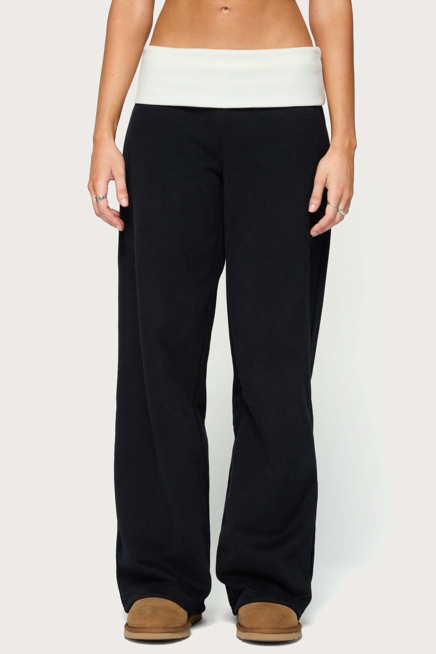Idha Contrast Foldover Baggy Sweatpants - BLACK
