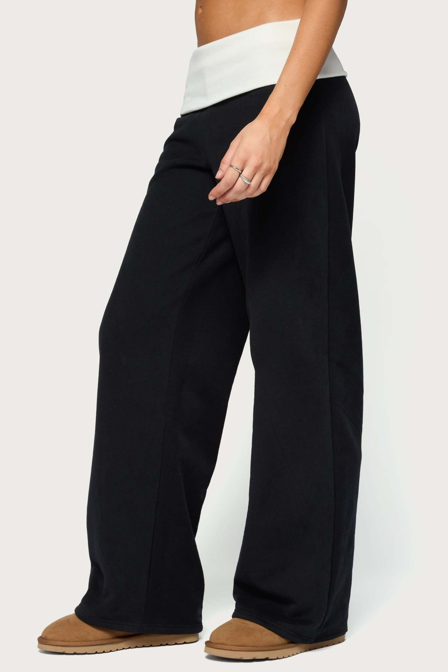 Idha Contrast Foldover Baggy Sweatpants - BLACK