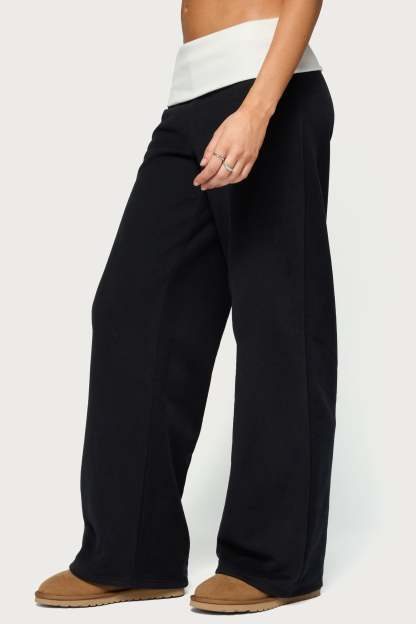 Idha Contrast Foldover Baggy Sweatpants - BLACK