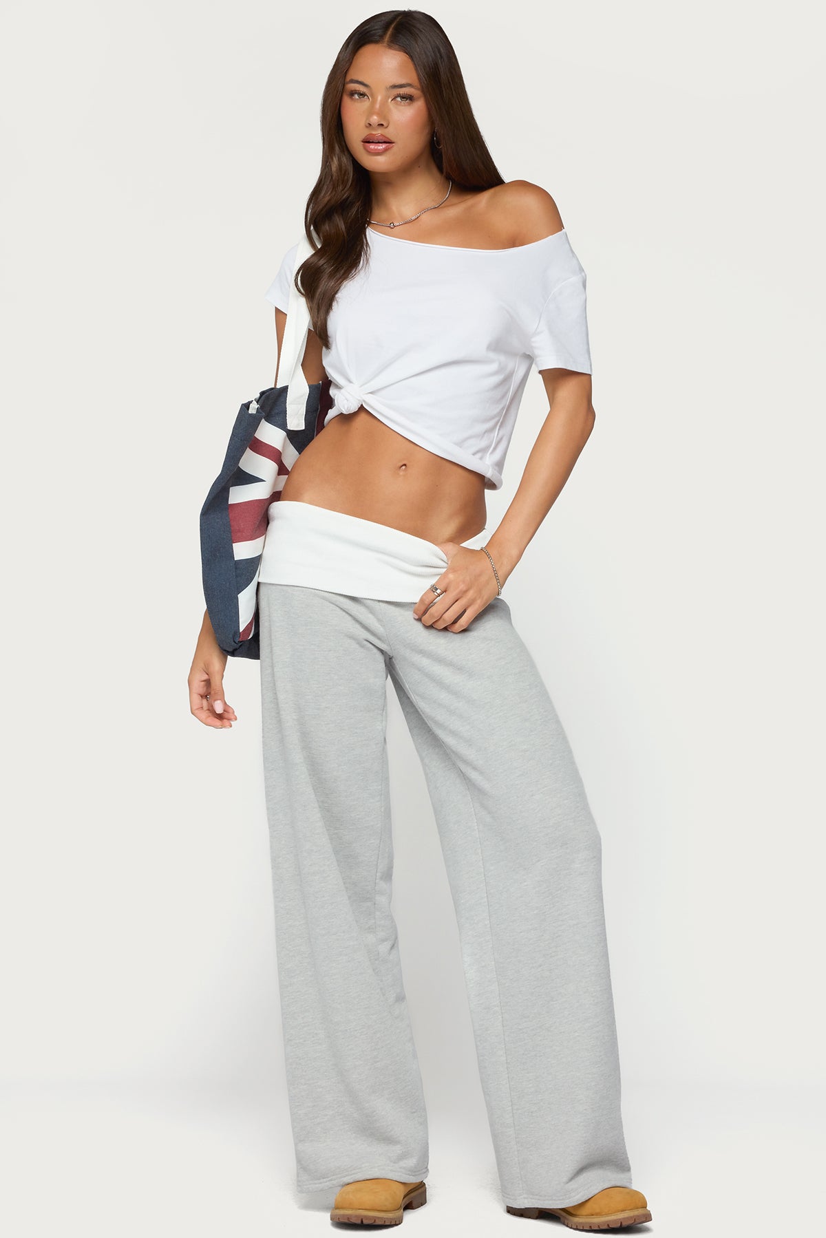Idha Contrast Foldover Baggy Sweatpants - GRAY-MELANGE
