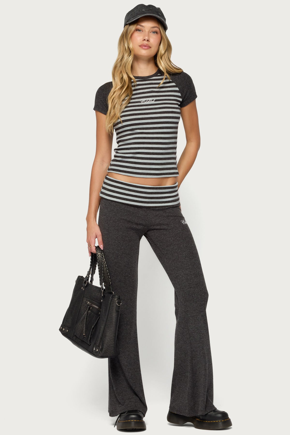 Stay Edikted Stripey Foldover Pants - CHARCOAL