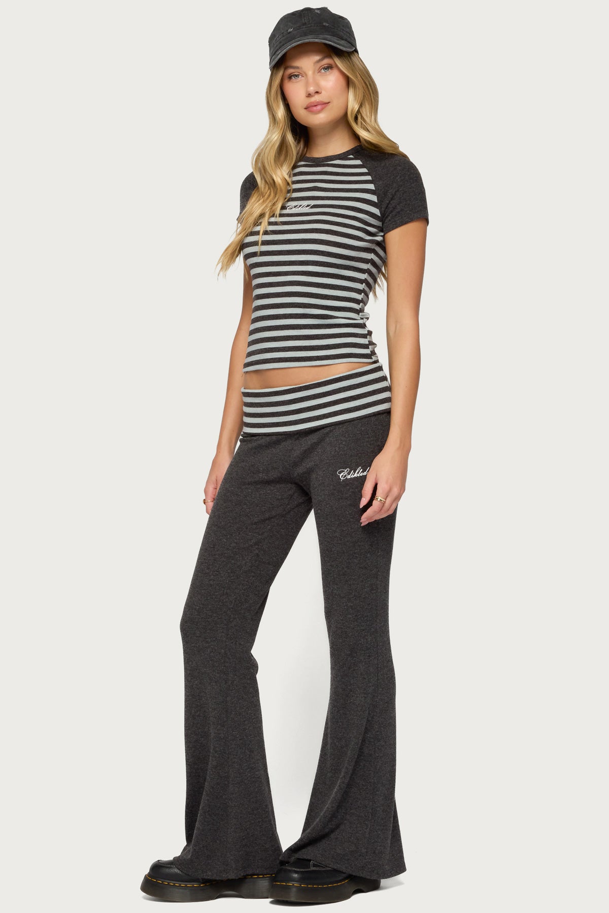 Stay Edikted Stripey Foldover Pants - CHARCOAL