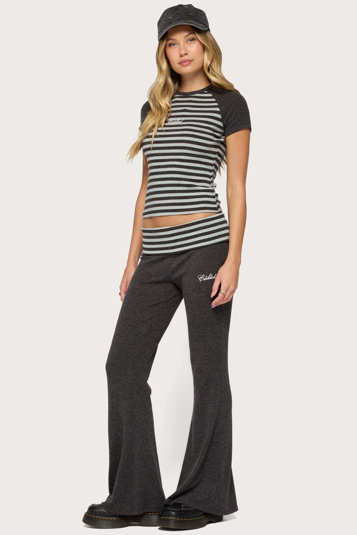 Stay Edikted Stripey Foldover Pants - CHARCOAL