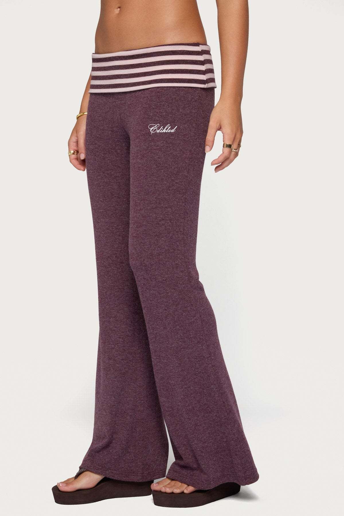 Stay Edikted Stripey Foldover Pants - BURGUNDY