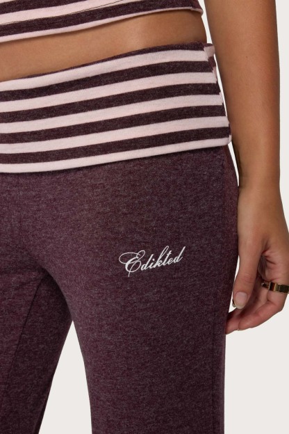 Stay Edikted Stripey Foldover Pants - BURGUNDY