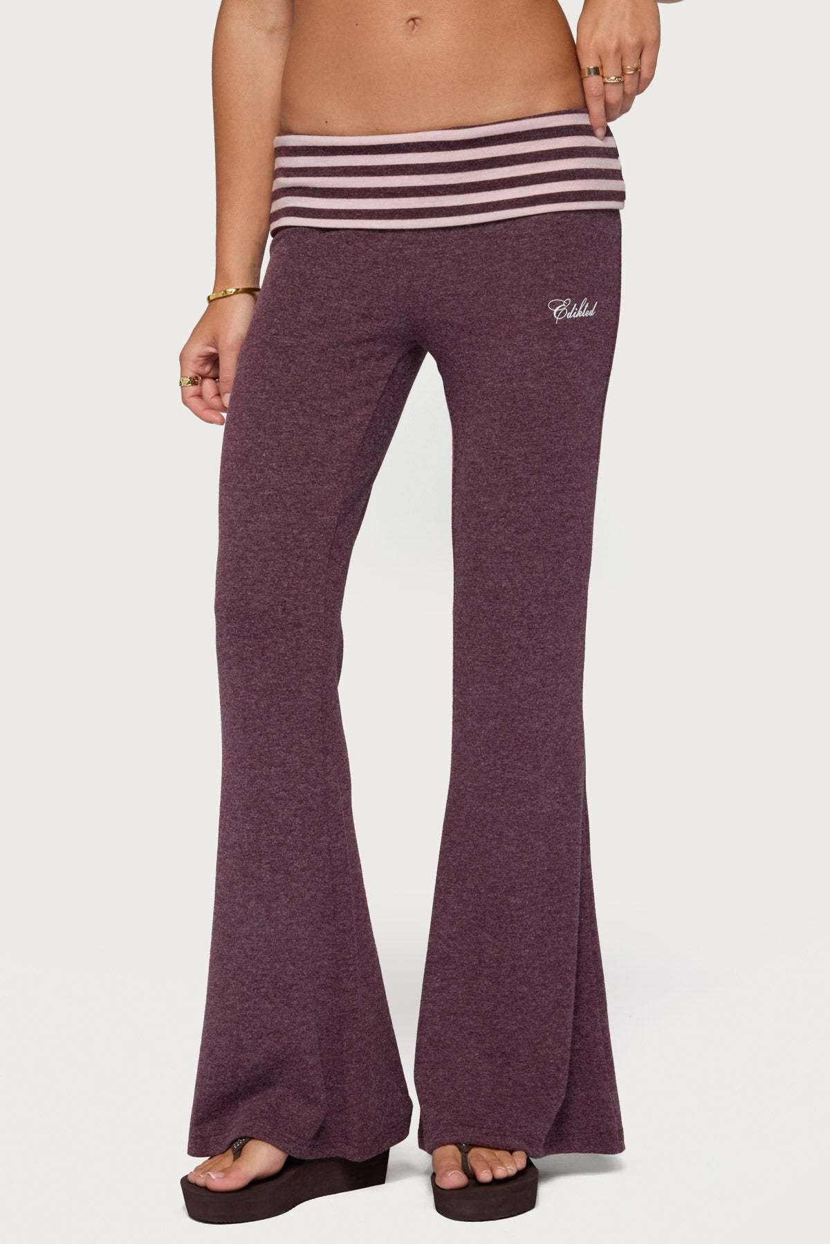 Stay Edikted Stripey Foldover Pants - BURGUNDY