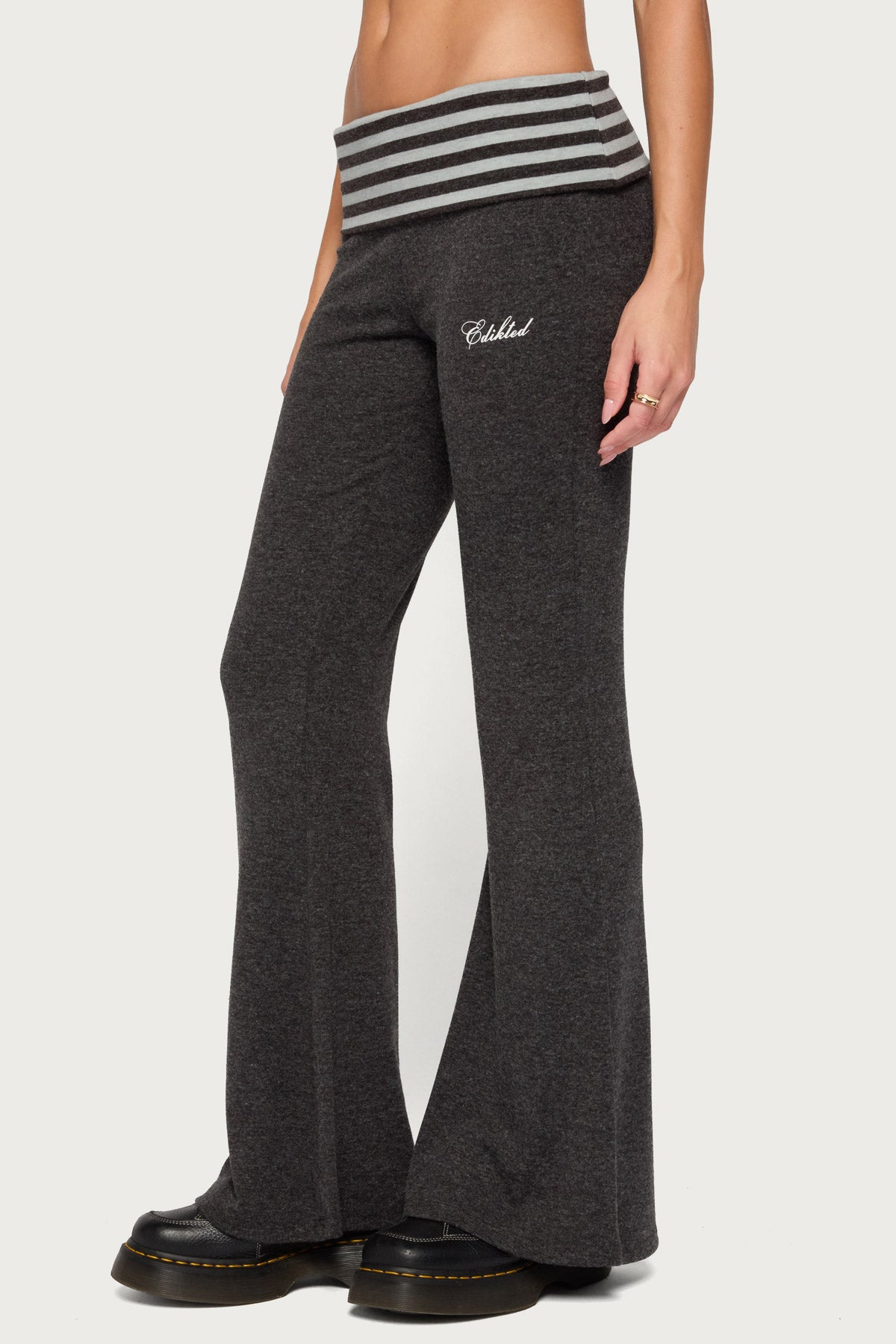 Stay Edikted Stripey Foldover Pants - CHARCOAL