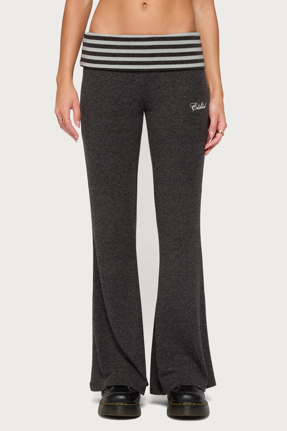 Stay Edikted Stripey Foldover Pants - CHARCOAL