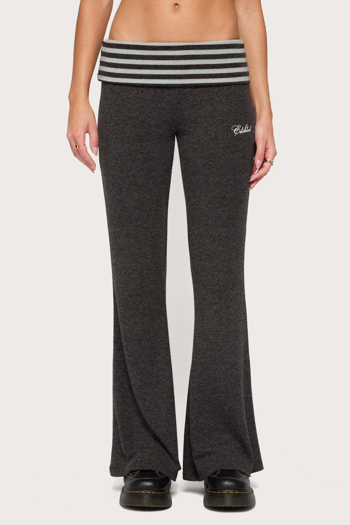 Stay Edikted Stripey Foldover Pants - CHARCOAL