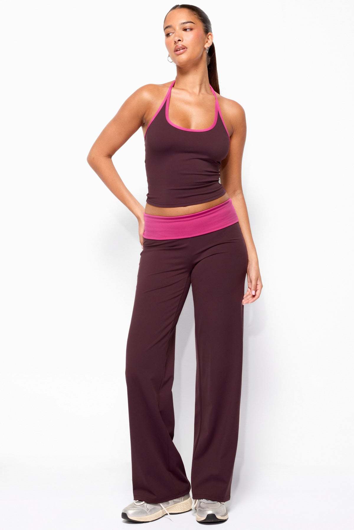 Dayna Contrast Foldover Straight Leg Pants - PLUM-AND-PINK