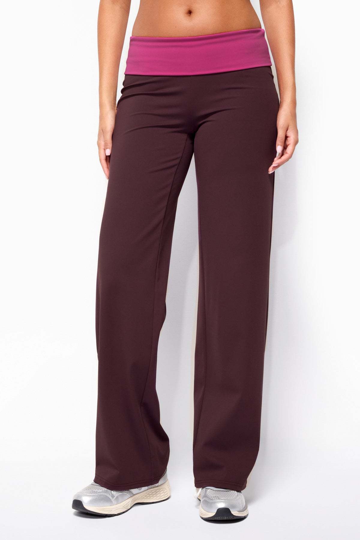 Dayna Contrast Foldover Straight Leg Pants - PLUM-AND-PINK