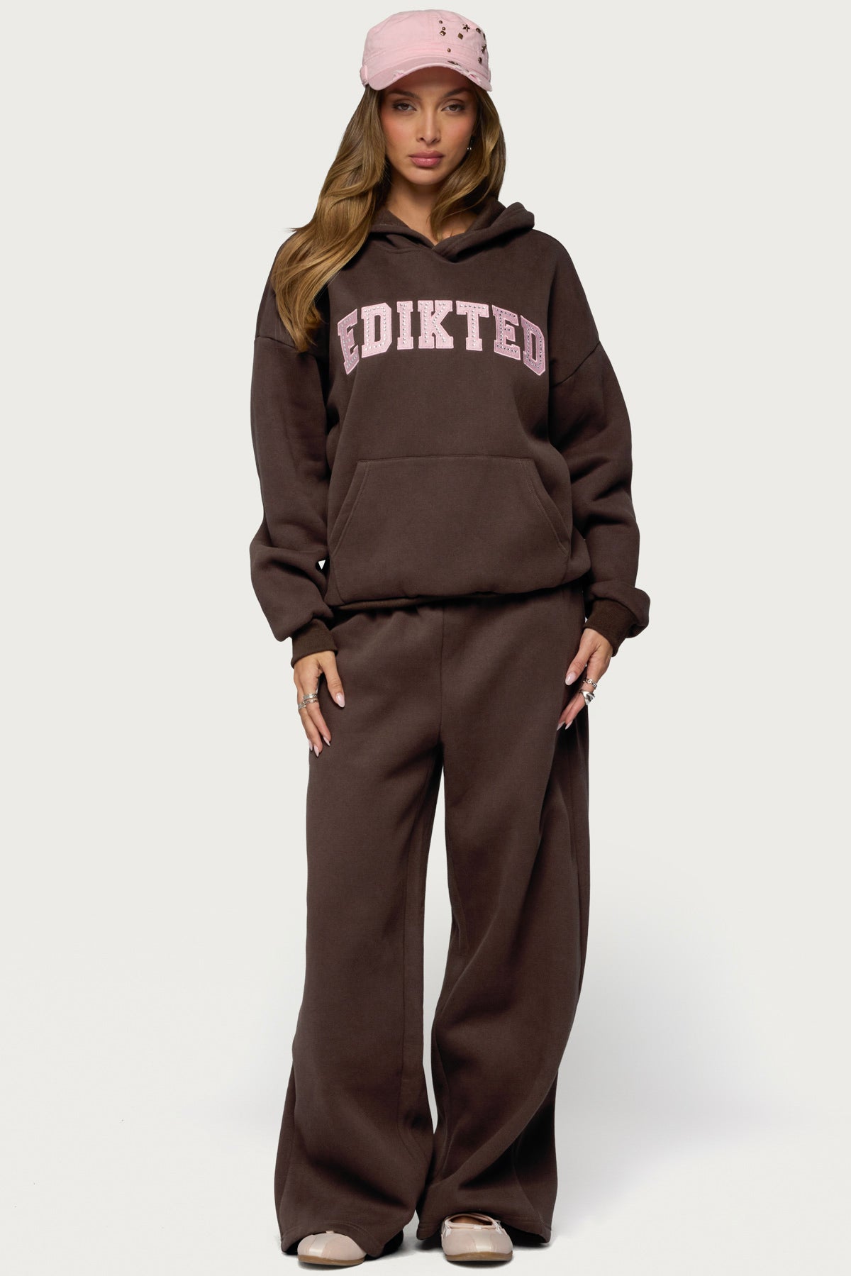 Edikted Glow Rhinestone Sweatpants - BROWN