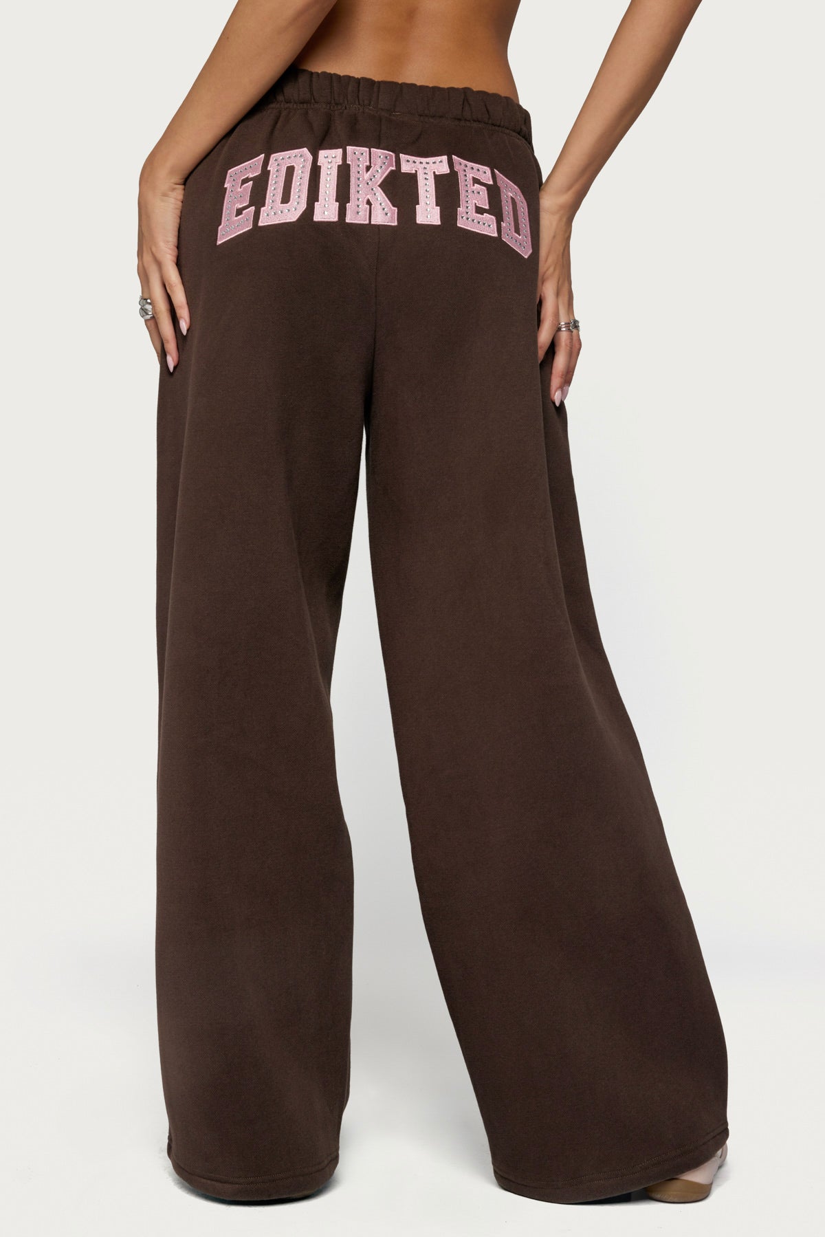 Edikted Glow Rhinestone Sweatpants - BROWN