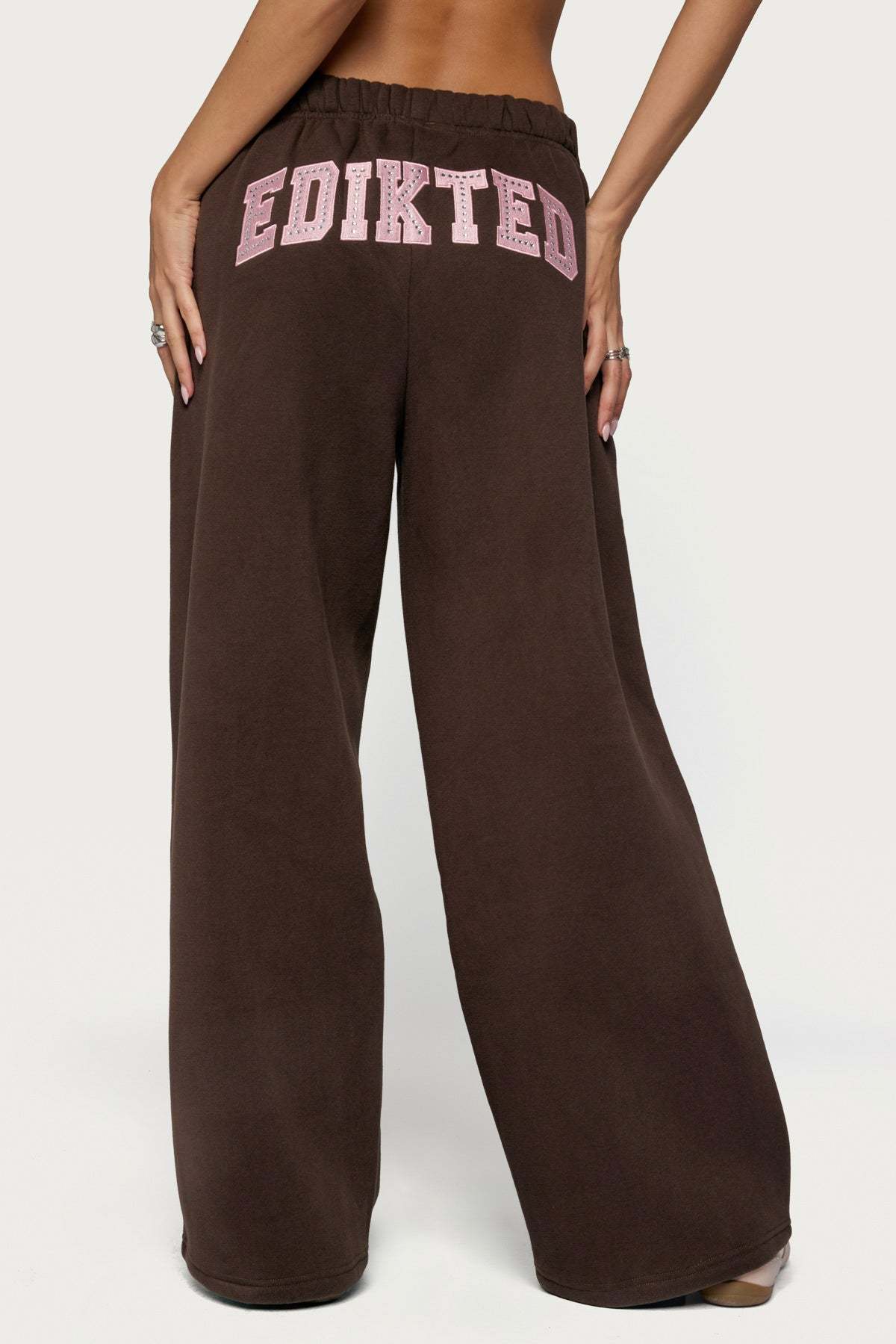 Edikted Glow Rhinestone Sweatpants - BROWN