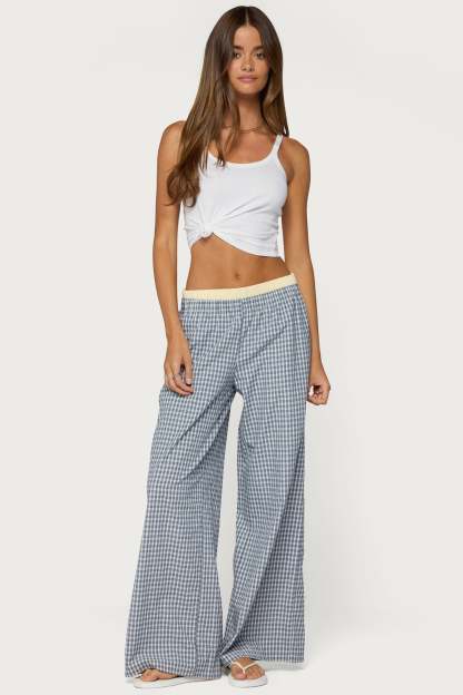 Indya Contrast Plaid Wide Leg Pants - NAVY