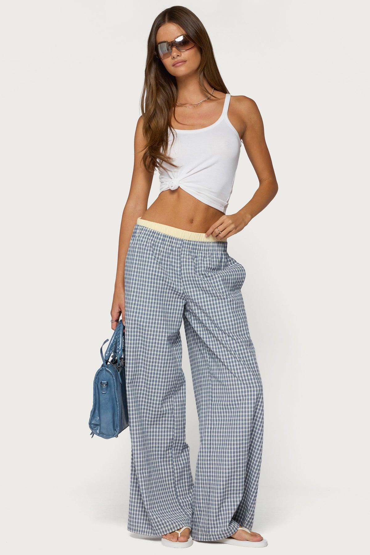 Indya Contrast Plaid Wide Leg Pants - NAVY
