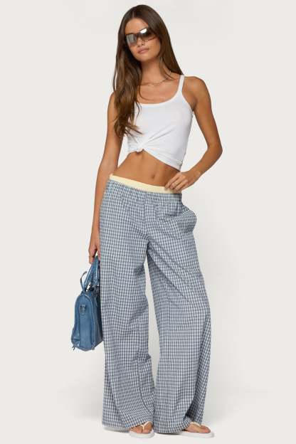 Indya Contrast Plaid Wide Leg Pants - NAVY