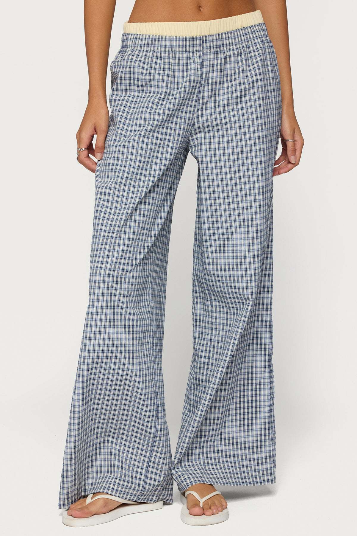 Indya Contrast Plaid Wide Leg Pants - NAVY