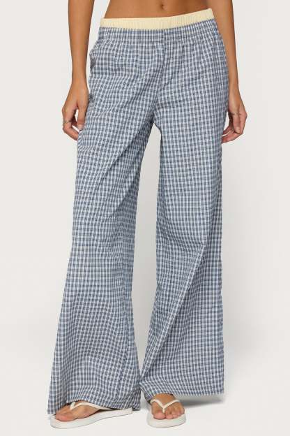 Indya Contrast Plaid Wide Leg Pants - NAVY
