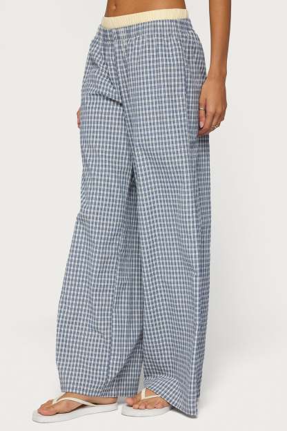 Indya Contrast Plaid Wide Leg Pants - NAVY
