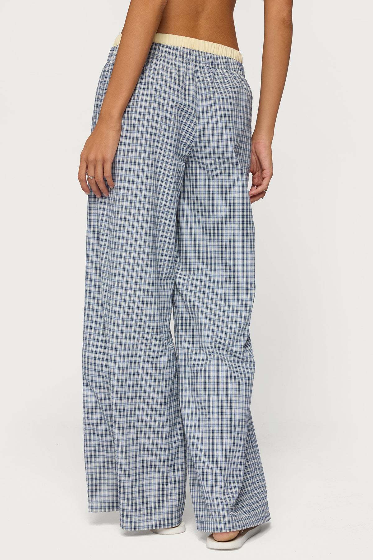 Indya Contrast Plaid Wide Leg Pants - NAVY