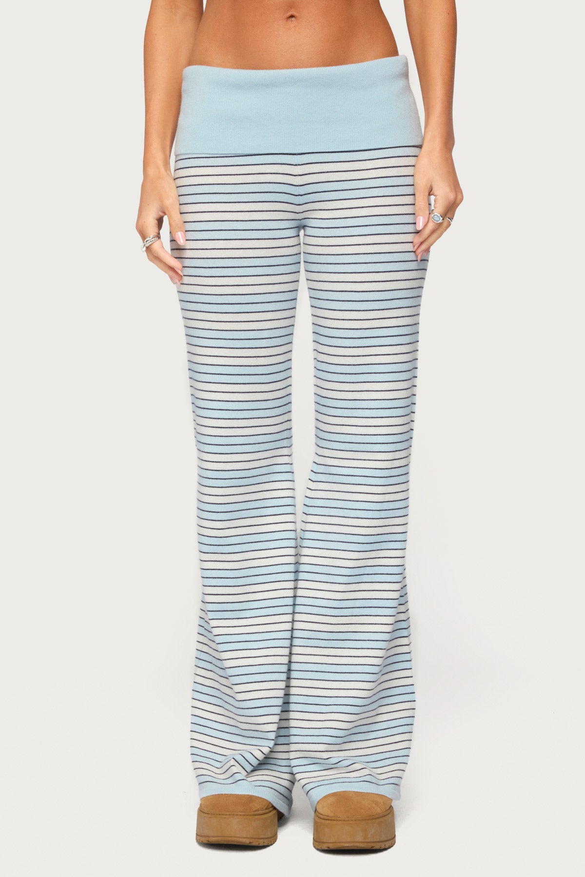 Jadie Foldover Striped Knit Pants - LIGHT-BLUE-AND-CREAM