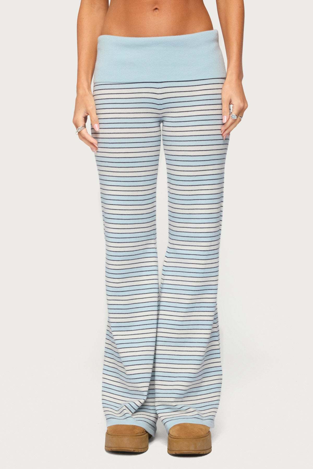 Jadie Foldover Striped Knit Pants - LIGHT-BLUE-AND-CREAM
