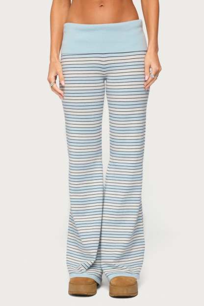 Jadie Foldover Striped Knit Pants - LIGHT-BLUE-AND-CREAM