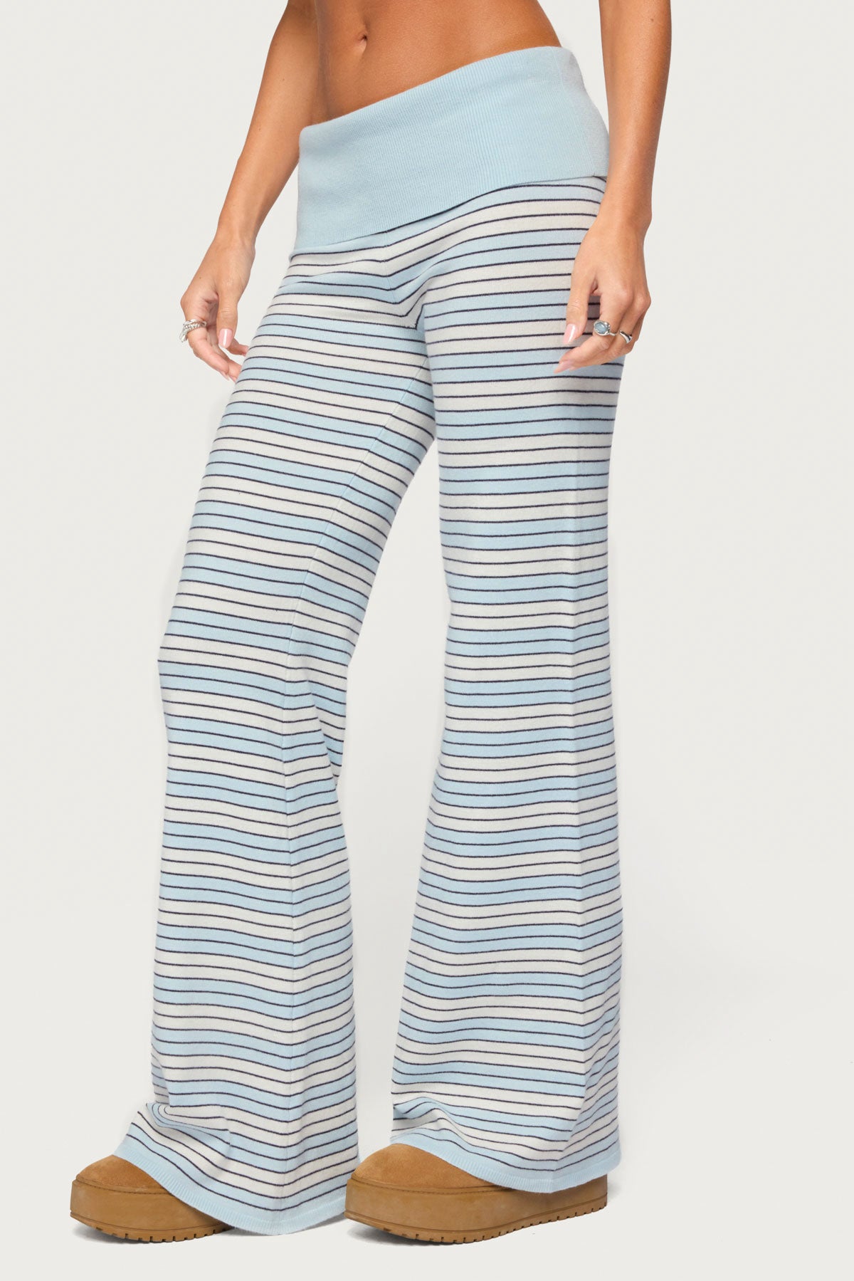 Jadie Foldover Striped Knit Pants - LIGHT-BLUE-AND-CREAM