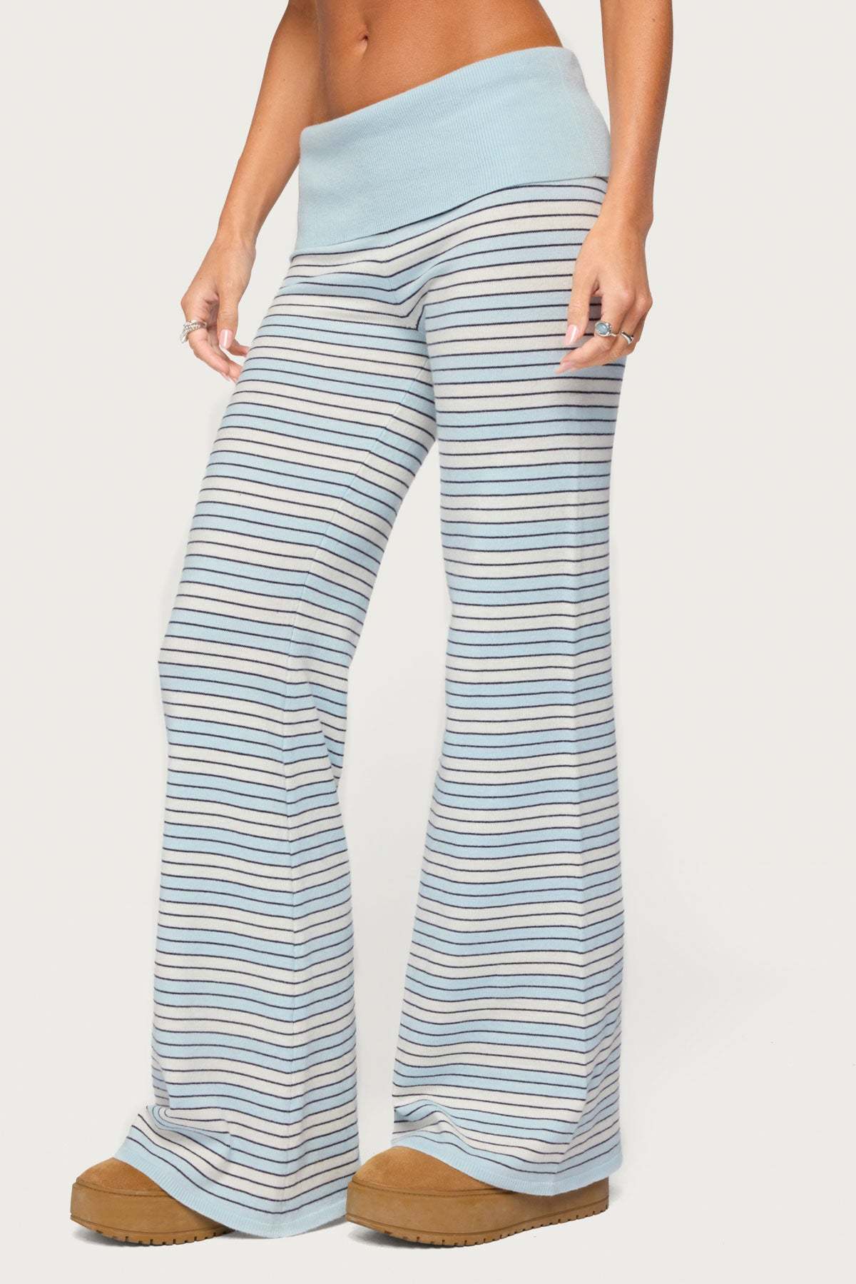 Jadie Foldover Striped Knit Pants - LIGHT-BLUE-AND-CREAM