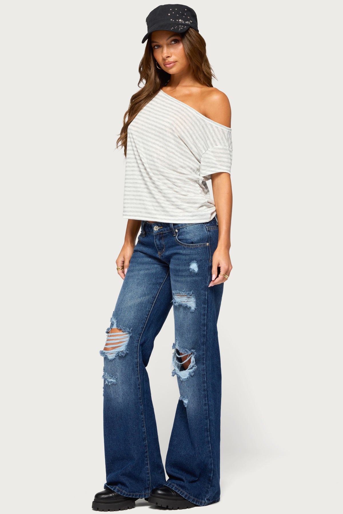 Chanelle Off Shoulder Striped Top - LIGHT-GRAY-MELANGE