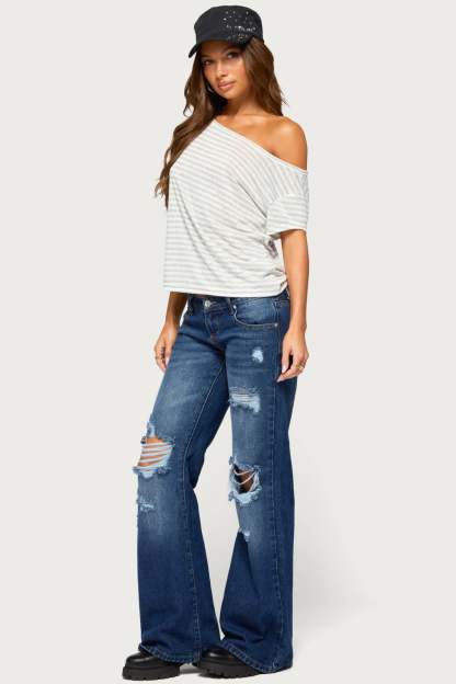 Chanelle Off Shoulder Striped Top - LIGHT-GRAY-MELANGE
