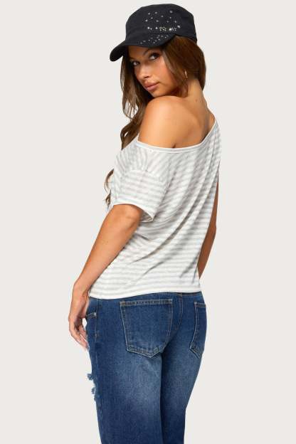 Chanelle Off Shoulder Striped Top - LIGHT-GRAY-MELANGE