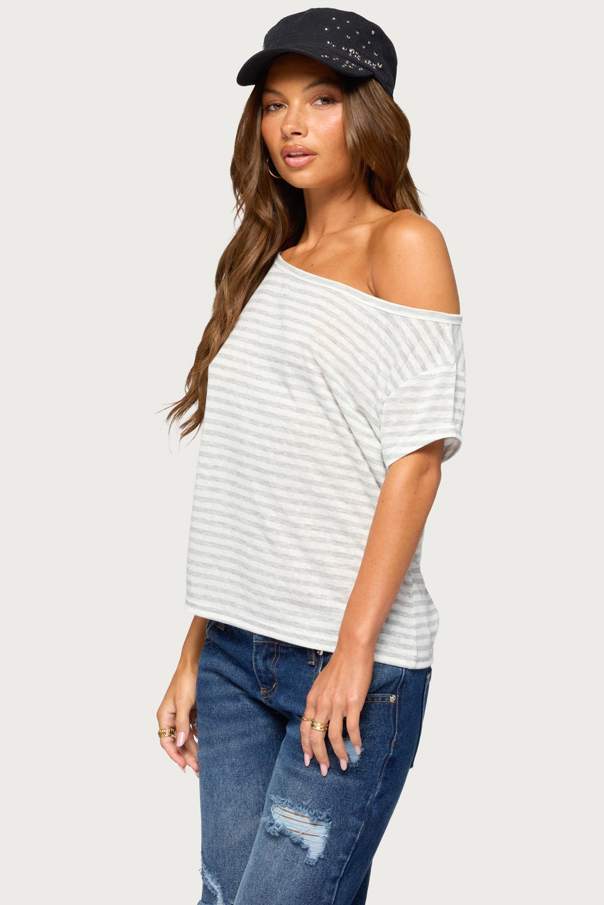 Chanelle Off Shoulder Striped Top - LIGHT-GRAY-MELANGE
