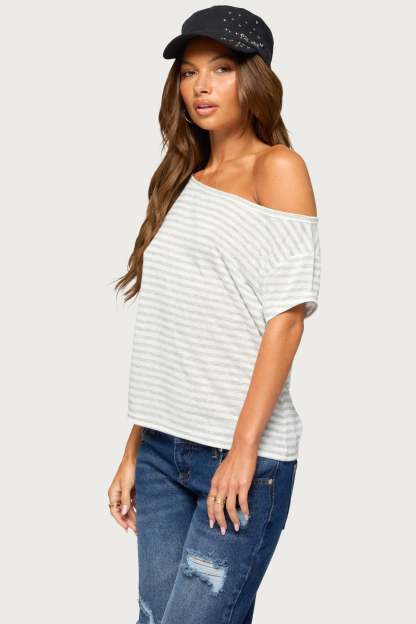 Chanelle Off Shoulder Striped Top - LIGHT-GRAY-MELANGE