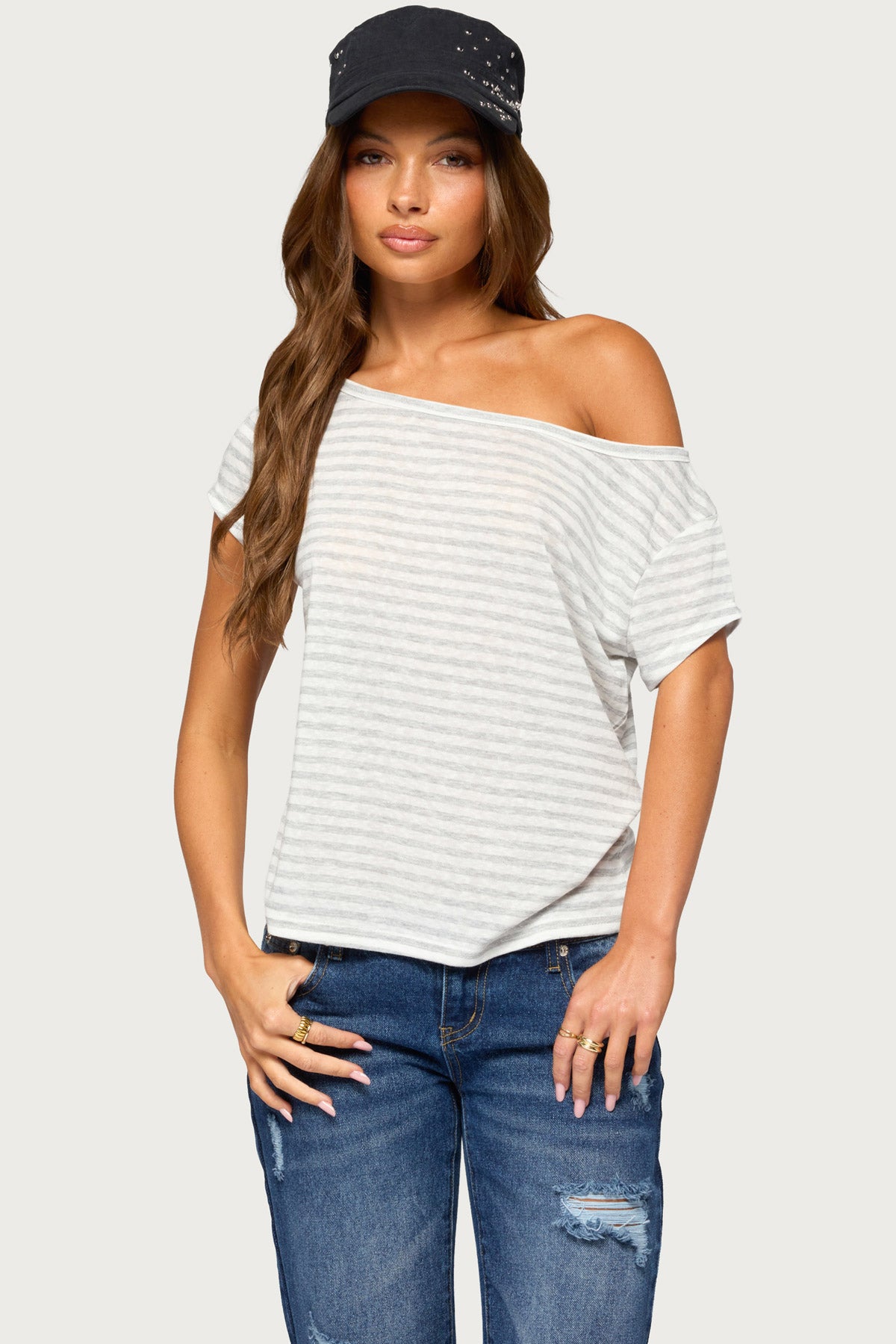Chanelle Off Shoulder Striped Top - LIGHT-GRAY-MELANGE