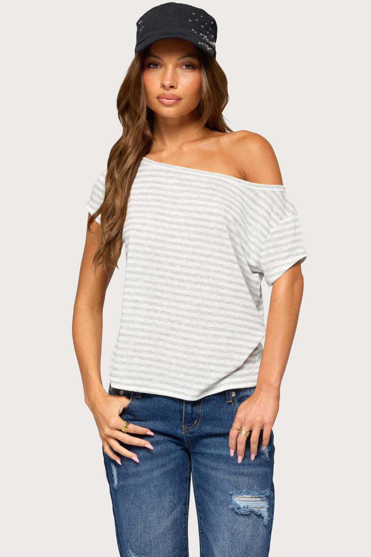 Chanelle Off Shoulder Striped Top - LIGHT-GRAY-MELANGE