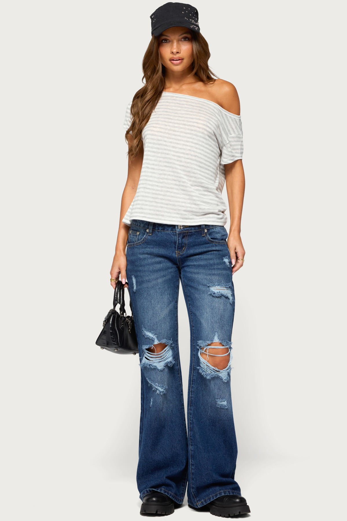 Chanelle Off Shoulder Striped Top - LIGHT-GRAY-MELANGE