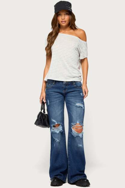 Chanelle Off Shoulder Striped Top - LIGHT-GRAY-MELANGE