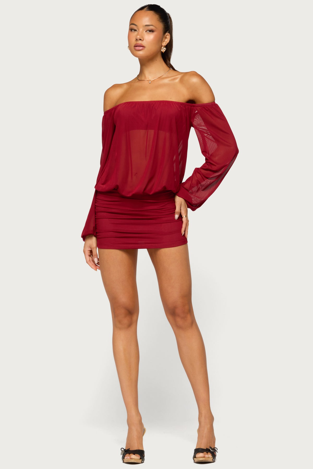 Jorie Sheer Mesh Off Shoulder Bubble Dress - BURGUNDY