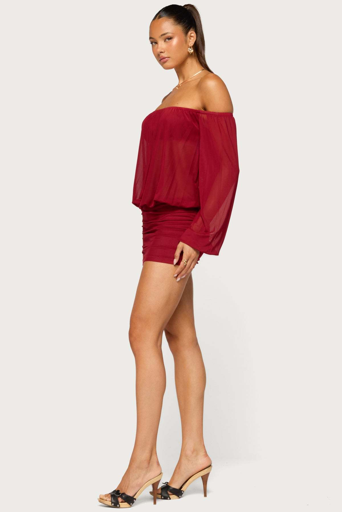 Jorie Sheer Mesh Off Shoulder Bubble Dress - BURGUNDY