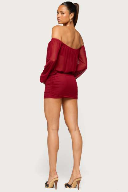 Jorie Sheer Mesh Off Shoulder Bubble Dress - BURGUNDY