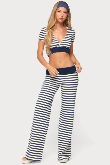 Fina Contrast Foldover Striped Pants - NAVY-AND-WHITE