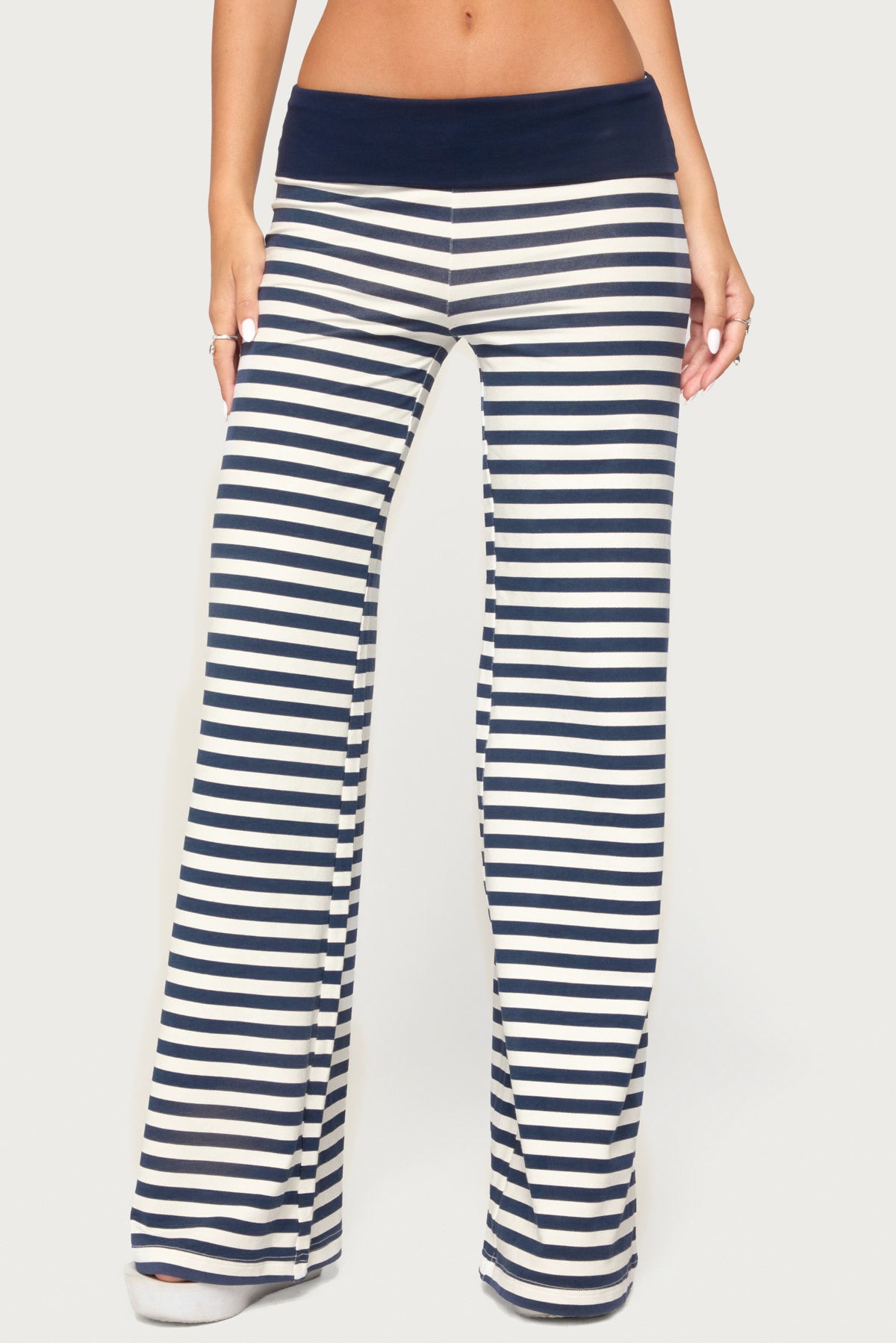 Fina Contrast Foldover Striped Pants - NAVY-AND-WHITE