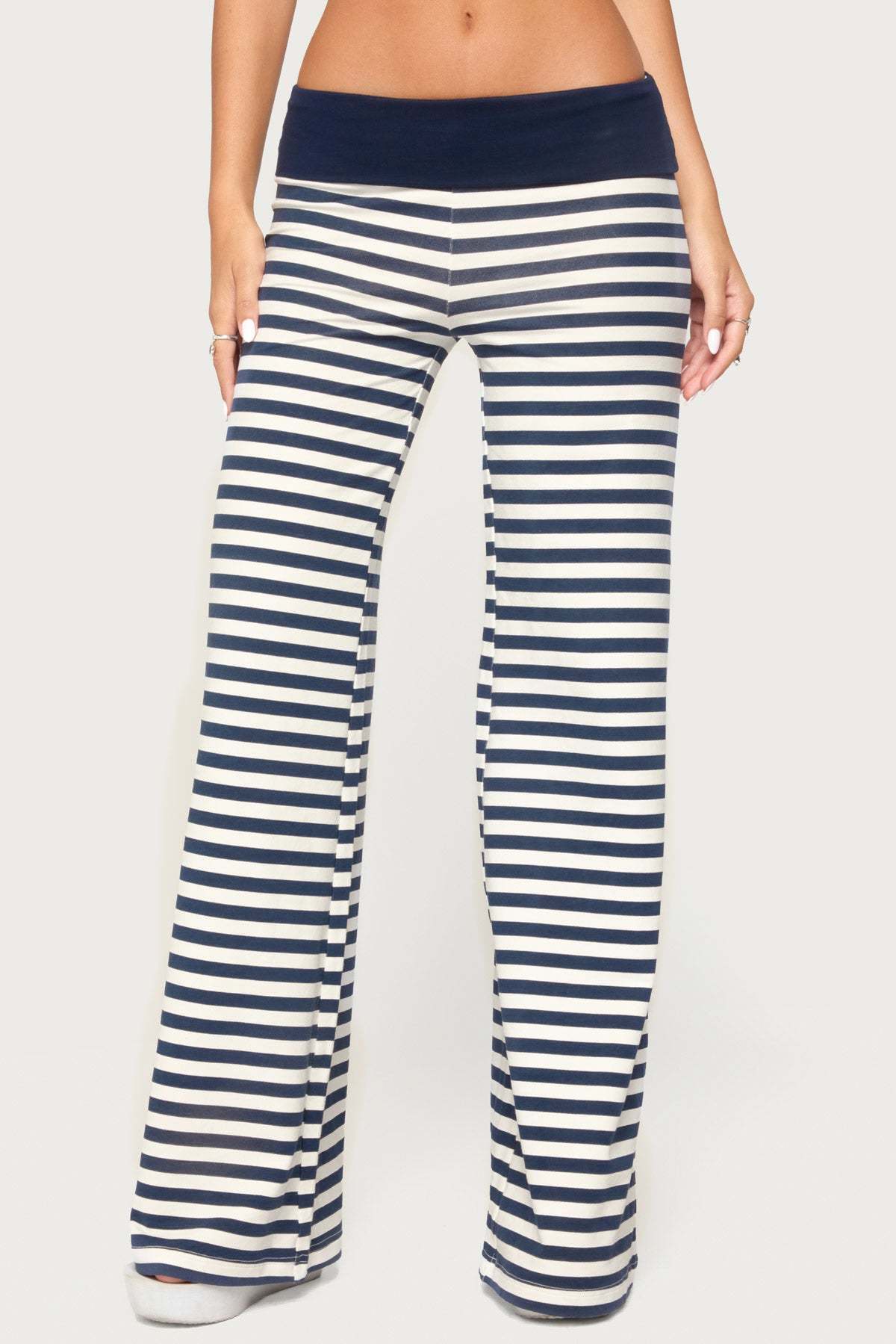 Fina Contrast Foldover Striped Pants - NAVY-AND-WHITE