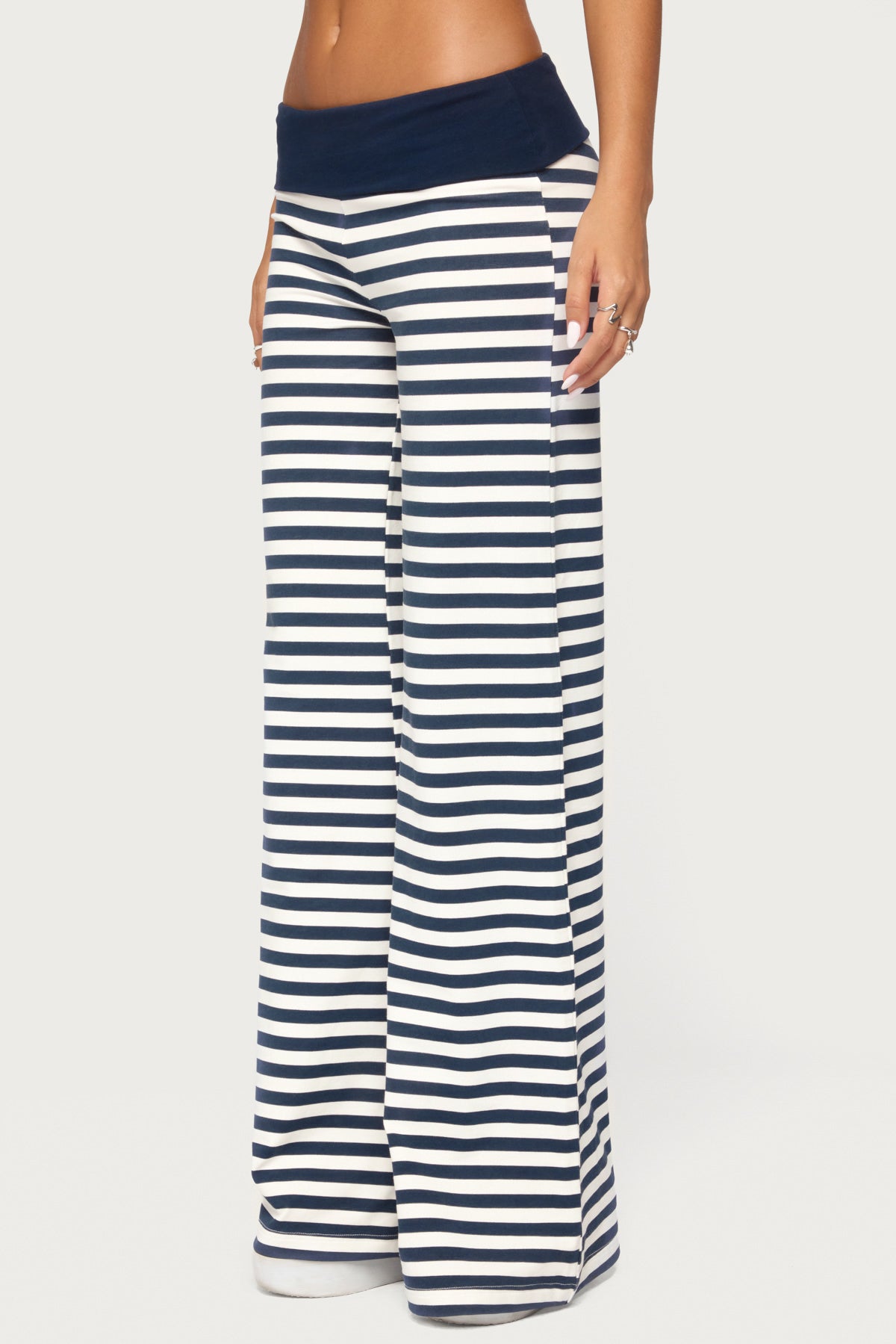 Fina Contrast Foldover Striped Pants - NAVY-AND-WHITE