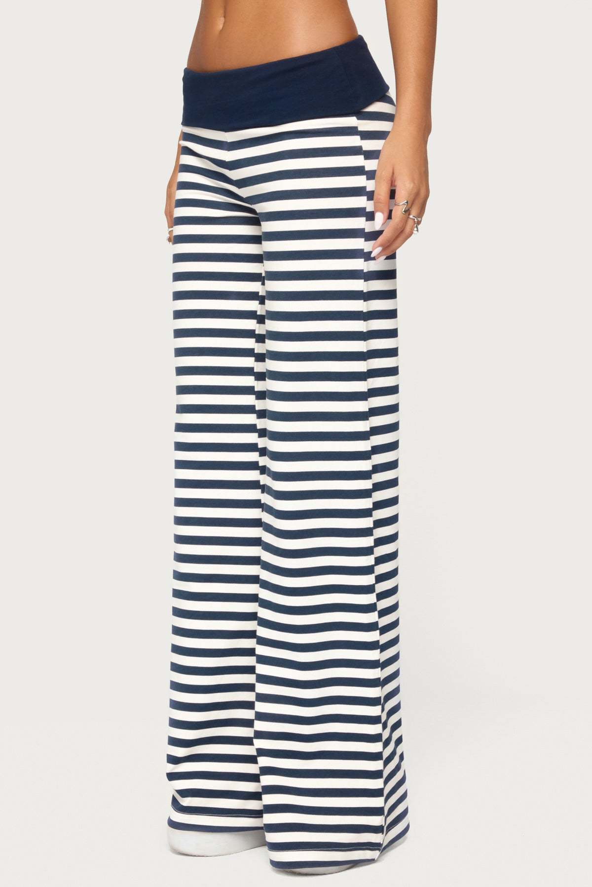 Fina Contrast Foldover Striped Pants - NAVY-AND-WHITE