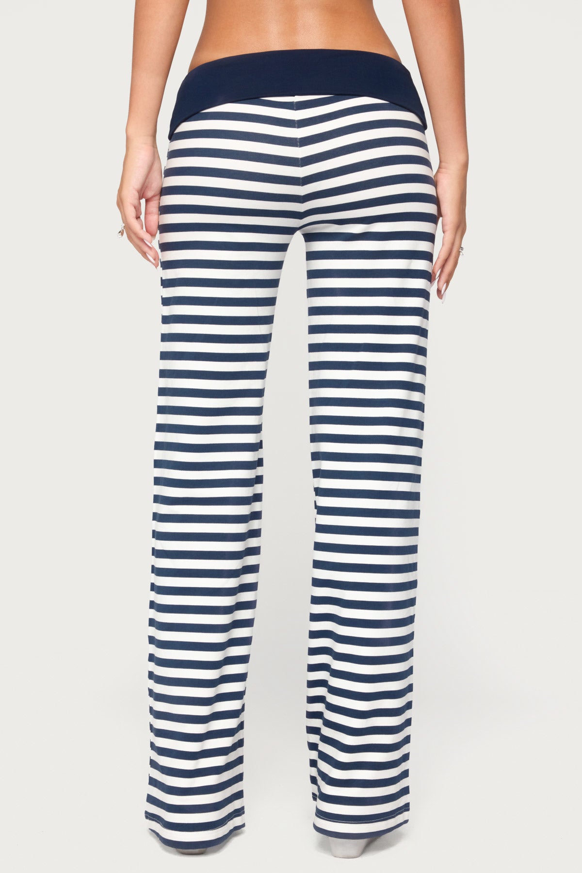 Fina Contrast Foldover Striped Pants - NAVY-AND-WHITE