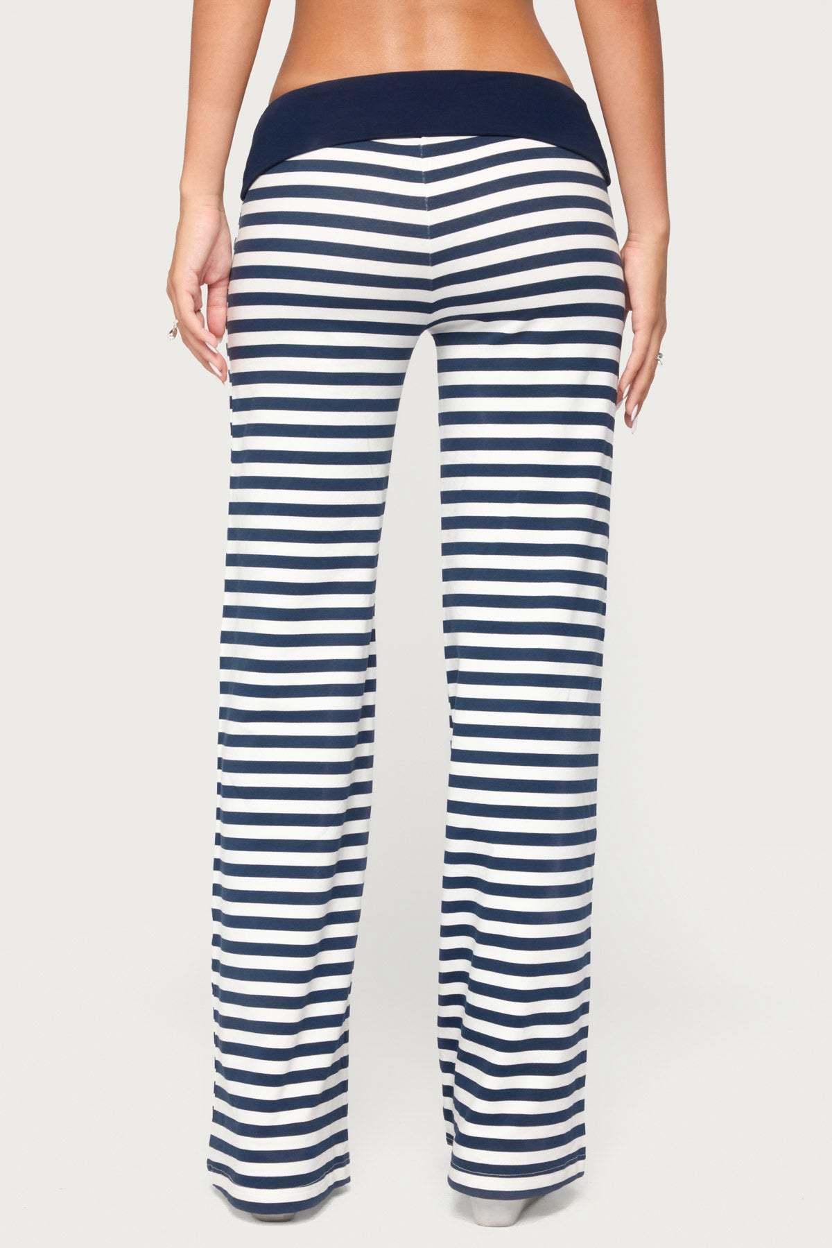 Fina Contrast Foldover Striped Pants - NAVY-AND-WHITE